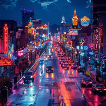 Pulsing Neon Lights of Downtown Nightlife and Entertainment District, The blur of neon signs and street life captures the energetic nightlife vibe.