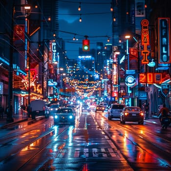 Pulsing Neon Lights of Downtown Nightlife and Entertainment District, The blur of neon signs and street life captures the energetic nightlife vibe.