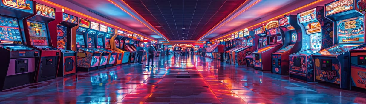 Neon-Lit Arcade with Games and Players in a Blur of Fun, The streaks of light and excitement capture the lively atmosphere of gaming and entertainment.