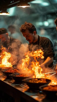 Gourmet Kitchen in Action with Chefs Blurring as They Cook, The chefs' flurry of activity against the steel and fire suggests the heat of culinary creation.