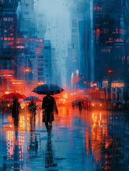 Rainy Day Cityscape with Blurred Umbrellas and Pedestrians, The water-streaked scene suggests the resilience and adaptability of city dwellers.
