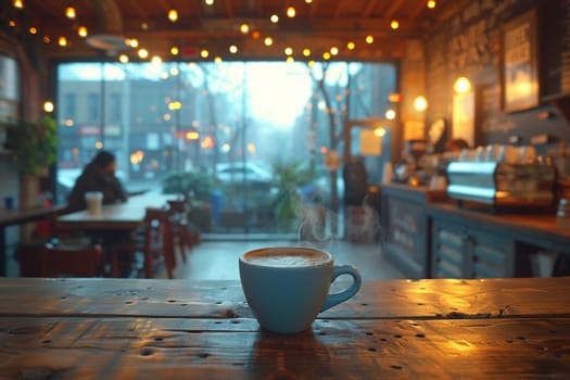 Cozy Coffee House Corner with Blurred Patrons and Steamy Mugs, The hazy warmth of the interior invites contemplation and community.