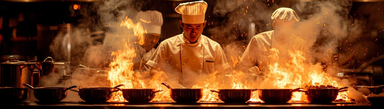 Gourmet Kitchen in Action with Chefs Blurring as They Cook, The chefs' flurry of activity against the steel and fire suggests the heat of culinary creation.