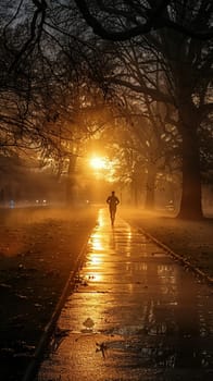 Early Morning Jogger's Silhouette Against a Misty Park Sunrise, A runner's motion blurs into the dawn, reflecting health and routine in urban life.