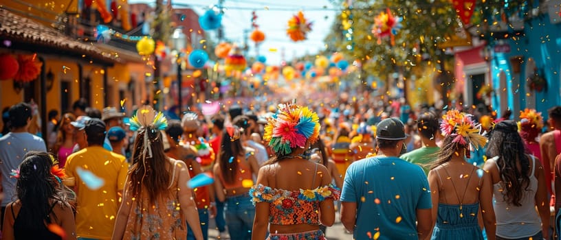 Lively Street Festival Atmosphere with Colorful Parade Floats, A soft focus on the vibrant celebration encapsulates community joy and culture.