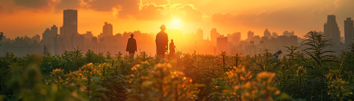 Farmers Tending to Crops in a Fertile Field with Soft Sunrise The gentle blur of workers and land suggests the timeless rhythm of agriculture. Urban Skyline Overlooking Bustling Financial District.