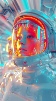 A closeup shot of a person in a colorful space suit and electric blue helmet against a glass background. The suit is adorned with intricate circle patterns, giving it an artistic look