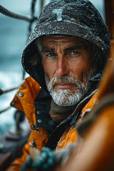 Portrait of a fisherman on an industrial fishing ship in harsh weather.