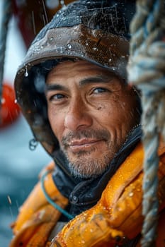 Portrait of a fisherman on an industrial fishing ship in harsh weather.