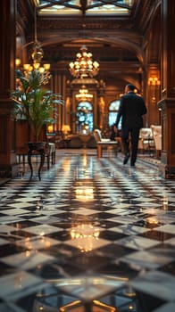 Grand Hotel Lobby with Soft Focus on Elegance and Guests, The blurred opulence of the setting suggests luxury and the transient stories of travelers.