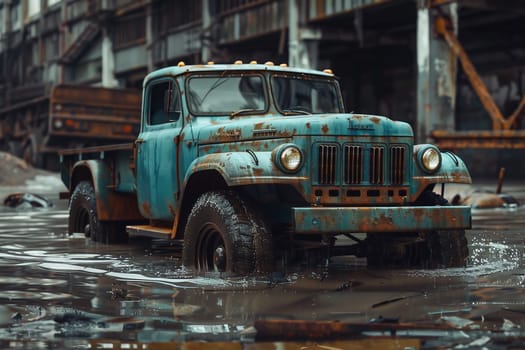 An old, abandoned retro car standing on the ground. High quality photo