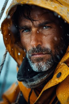 Portrait of a fisherman on an industrial fishing ship in harsh weather.