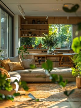 Sustainable Living Showcased in Bright, Eco-Friendly Home Interior, Blurred green plants and eco-decor suggest an environmentally conscious lifestyle.