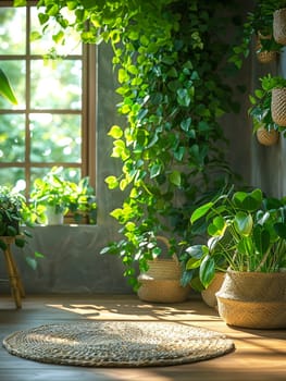 Sustainable Living Showcased in Bright, Eco-Friendly Home Interior, Blurred green plants and eco-decor suggest an environmentally conscious lifestyle.