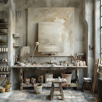 Secluded Artist's Studio with Canvases and Paints, The soft shapes and colors hint at the creative process and artistic solitude.