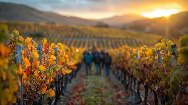 Sprawling Vineyard at Harvest Time with Workers in the Fields, A blur of workers amidst rows of grapevines signifies the labor of wine production.