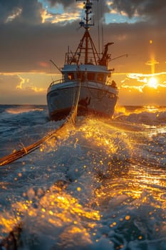 Fishing in the North Sea. Fishing boat with fishermen on the high seas.