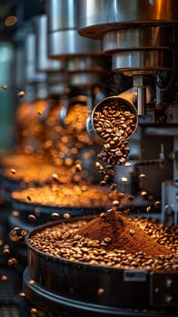 Industrial Coffee Roastery with Beans and Equipment in Motion, The hazy view of roasting machinery and beans suggests the art and industry of coffee making.