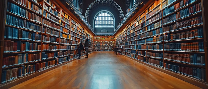 Historic Library with Students Lost in Study and Thought, A soft focus on readers among towering bookshelves conveys the pursuit of knowledge.