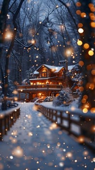 Cozy Winter Cabin with Blurred Snowflakes and Warm Lights, The soft glow and falling snow create an atmosphere of winter comfort and retreat.