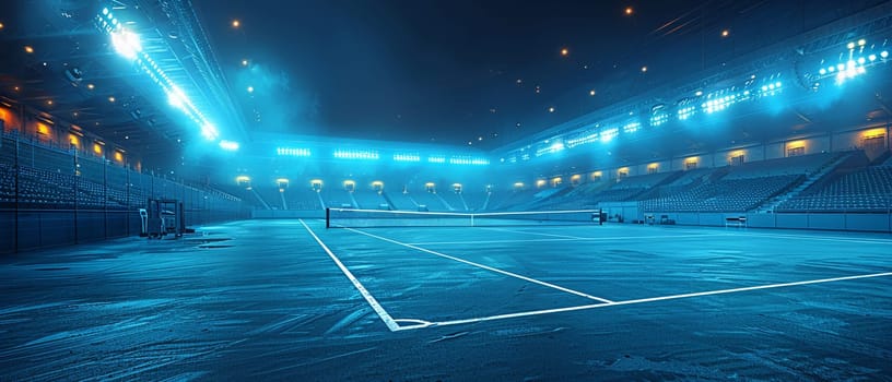 Floodlit Sports Arena Preparing for Nighttime Match, The glow against the empty stands suggests anticipation and the energy of upcoming competition.