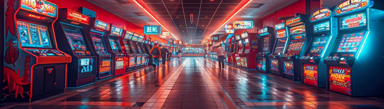 Neon-Lit Arcade with Games and Players in a Blur of Fun, The streaks of light and excitement capture the lively atmosphere of gaming and entertainment.