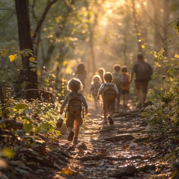 Nature Hiking Trail with Families Enjoying a Weekend Walk, The blur of movement amid greenery suggests the active pursuit of outdoor recreation.