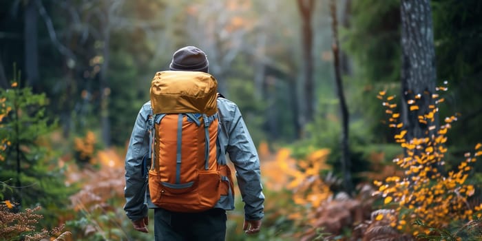 A man with backpack walks in the amazing autumn forest. Hiking alone along autumn forest paths. Travel concept. High quality photo