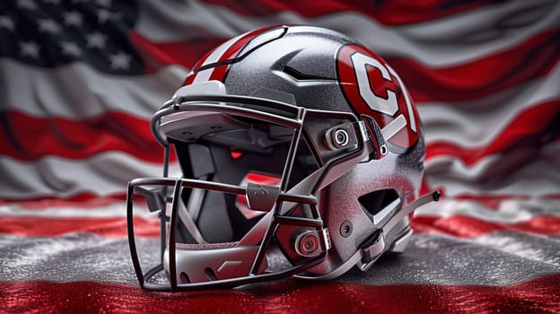 American football helmet against close-up of an american flag. High quality photo