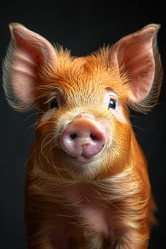 A newborn red piglet poses in front of the camera on a black background.