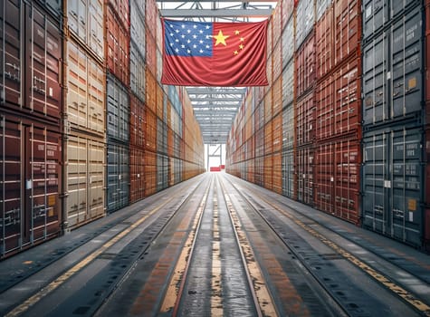 Freight shipping container with flag of china on crane hook - 3D illustration. High quality photo