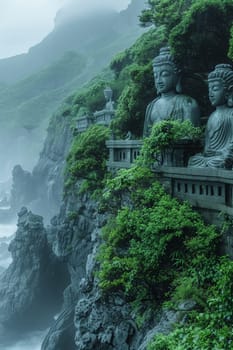 Bodhisattva Statues in Misty Mountain Temples, The figures blur into the mist, embodying compassion and the path to enlightenment.