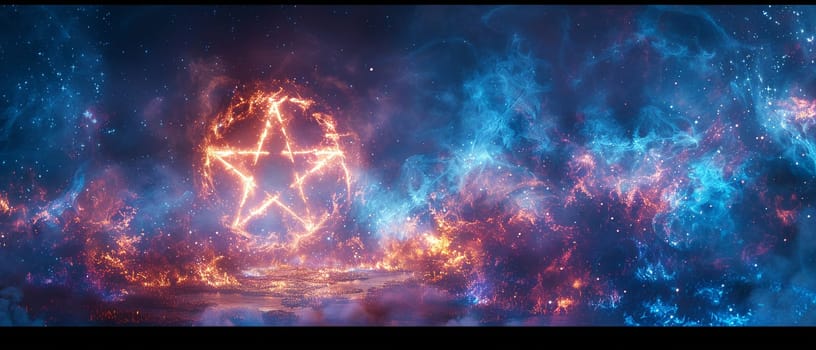Wiccan Pentacle Embraced by a Circle of Nature's Elements, The starry symbol blurs into the earth, representing life and cosmic harmony.