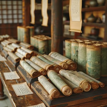 Confucian Scrolls Displayed in a Scholar's Study, The text blurs into paper, signifying wisdom and the pursuit of knowledge.