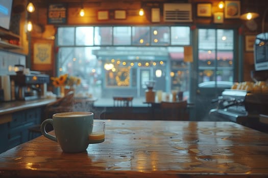 Cozy Coffee House Corner with Blurred Patrons and Steamy Mugs, The hazy warmth of the interior invites contemplation and community.