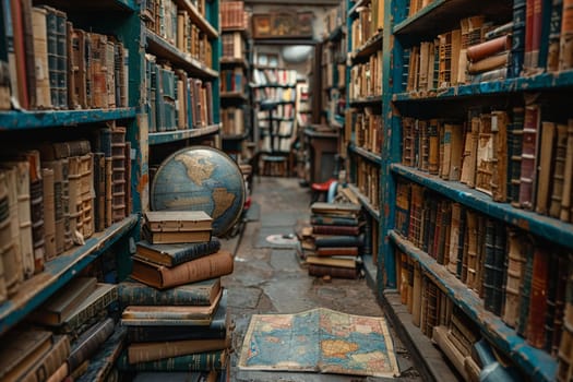 Vintage Bookstore with Antique Maps of the World Fading into Shelves, Blurred edges of ancient maps hint at historical exploration and literary charm.