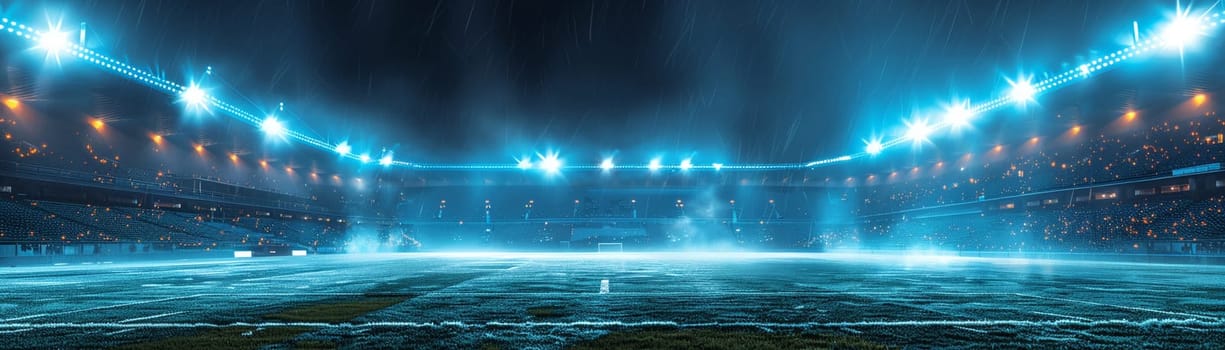 Floodlit Sports Arena Preparing for Nighttime Match, The glow against the empty stands suggests anticipation and the energy of upcoming competition.