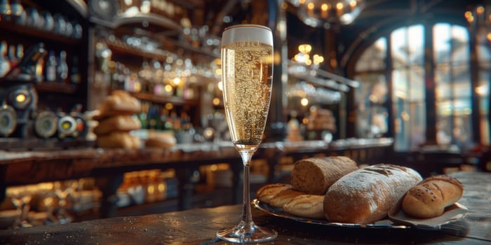 A plate of freshly baked bread sits beside a glass of effervescent champagne, creating a delightful contrast of textures and flavors.