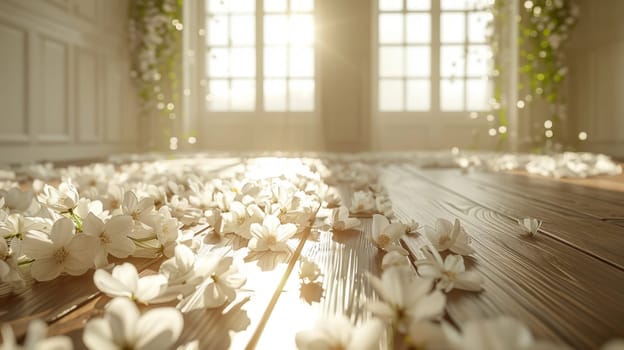 Delicate white flowers grace a wooden floor, casting a serene and elegant presence in a pristine white room.