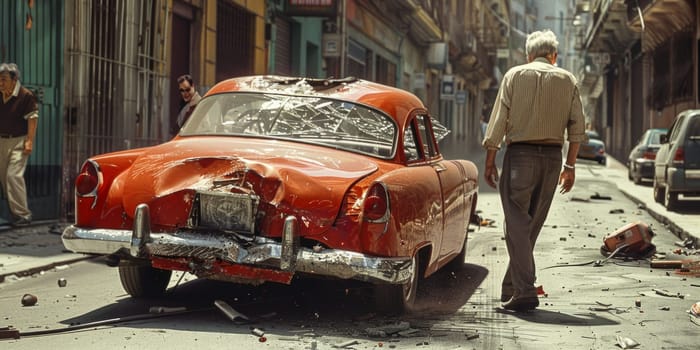 A man with a contemplative expression stands aside an old red car, the sun casting a warm glow on the worn paint and chrome details.