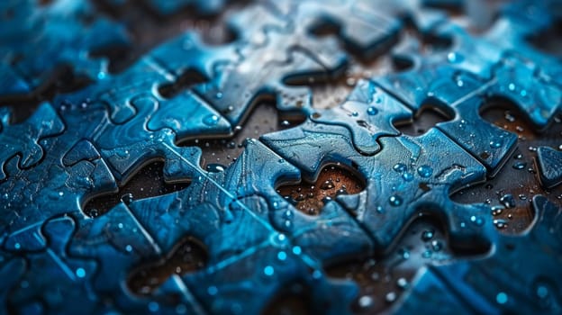 A close up of a puzzle piece adorned with delicate water droplets, creating a mesmerizing and surreal effect.