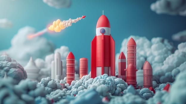 The rocket begins to take off . The concept of financial growth with a rocket taking off.