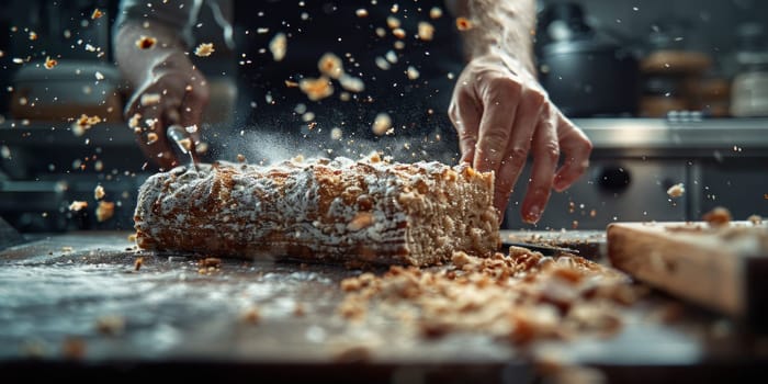 A person carefully kneading dough, shaping a loaf of bread before baking it in an oven.