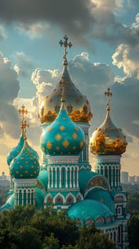 Orthodox Russian Onion Domes Against a Blurred Sky, The domes meld with the clouds, iconic of Russia's religious architecture and faith.