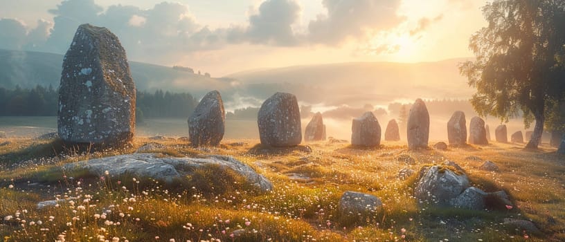 Ancient Pagan Henge Standing Mysteriously in a Field, The prehistoric stones blur into the landscape, marking time and rituals long passed.