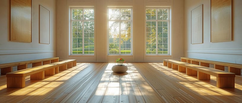 Quaker Simplicity in a Plain Meeting Room, The room's sparse furnishings blur into a space of peace and silent reflection.