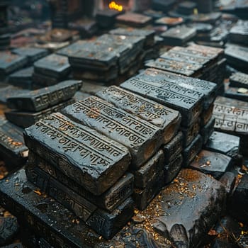 Ancient Stone Tablets Engraved with Sacred Texts, Weathered inscriptions blur into a testament of religious history and beliefs.