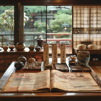Confucian Scrolls Displayed in a Scholar's Study, The text blurs into paper, signifying wisdom and the pursuit of knowledge.