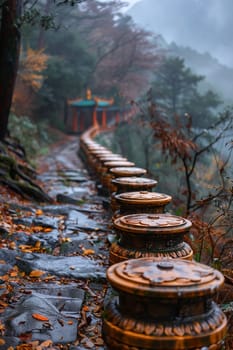 Buddhist Prayer Wheels Spinning Alongside a Mountain Path, The motion blur suggests the ongoing prayers and spirituality of the faithful.