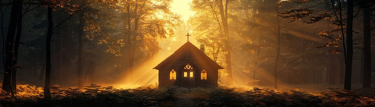 Rustic Wooden Chapel Nestled in Serene Nature, The outline of the humble structure merges with the tranquility of its surroundings.